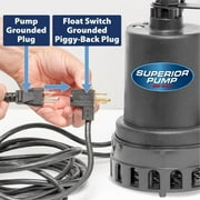 Superior Pump 92372 1/3 HP Thermoplastic Submersible Sump Pump with Vertical Float Switch, Black, 9.25” x 6.25” x 11.75”