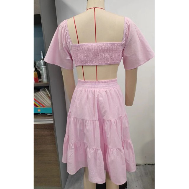Vestido de mujer con mangas cortas acampanadas, dobladillo con volantes, cintura cruzada, espalda calada, vestido de verano fruncido