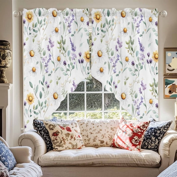 Spring Yellow Swag Curtain Valance for Windows, White Daisy Flower Lavender Eucalyptus Leaves Window Treatments Short Swag Topper for Kitchen Windows Bathroom Bedroom, 36"x45"