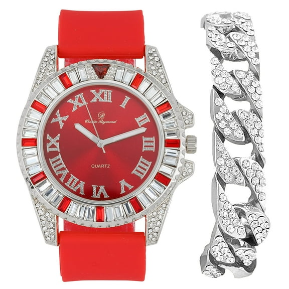Baguette Cut Diamond Crystal Bling'ed Out Mens Watch Miami Iced Out Cuban Bracelet - No Reasonable Doubt This is The Jewerly Accesories to Flaunt The Wealth - ST10372C (ST10414S-460 SLV/RED)