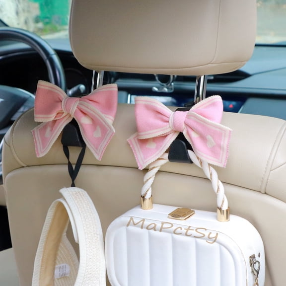 MaPctSy Car Seat Headrest Hooks Purse Hangers Cute Pink Bow Love Heart Pattern 360 Degree Rotation 2 Pack