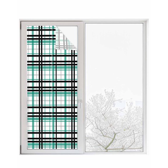 Window Privacy Film, Black Green Grey Plaid UV Sun Blocking Window Tint Film Heat Control One Way Blackout Window Film, Simple Check Stripes Lines Country Non Adhesive Static Cling Sticker 23.6x59 In