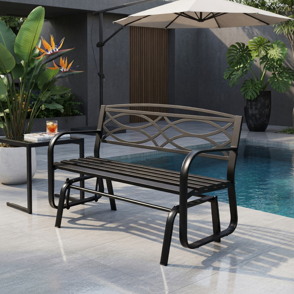 Hommoo 2-Person Outdoor Glider Bench, Heavy-Duty Metal Patio Swing Bench with Quiet Glide Mechanism, Ergonomic Backrest & Slatted Seat, Black