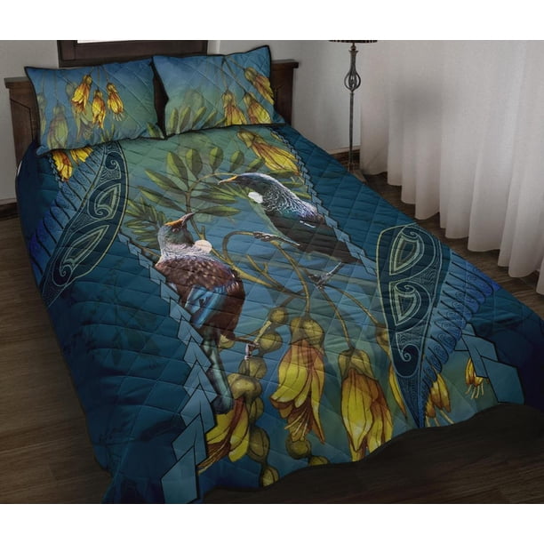 Tui Juego de Cama Colcha Mezcla de Pájaros Kowhai y Helecho Plateado, Azul