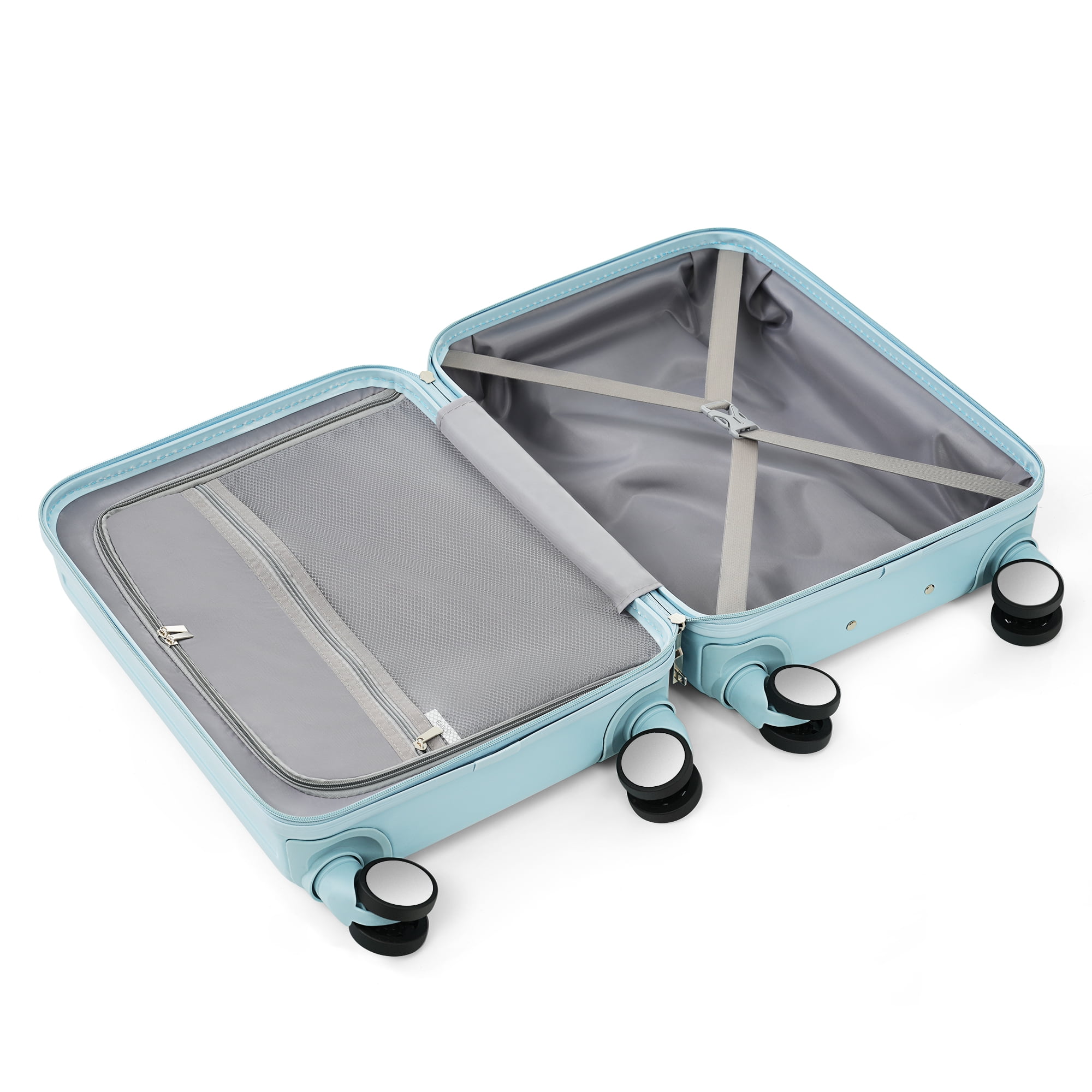 LoLado Front Opening 20in Carry-on Luggage with Expandable Travel Bag Set, ABS Hard Shell Two-piece Travel Suitcase Set with USB Port, Cup Holder, Light Blue