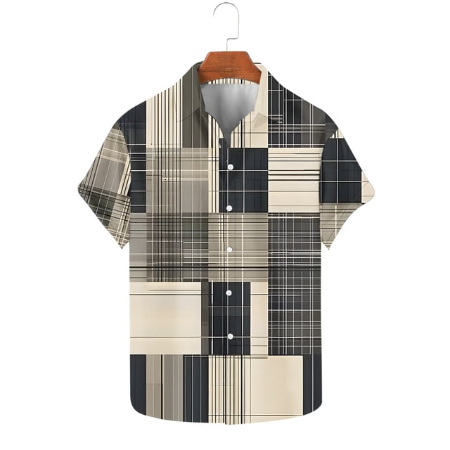 Mefallenssiah Hauts pour Hommes, Chemise à Manches Courtes à Col Rabattu avec Boutons en Gris avec Motif à Carreaux. Fabriquée en polyester Léger, Cette Chemise Décontractée Présente une Coupe Régulière et Convient à Diverses occasions comme les Sorties Décontractées, le Travail Ou les Vacances. la Chemise Est Affichée sur un Cintre sur un Fond Blanc.