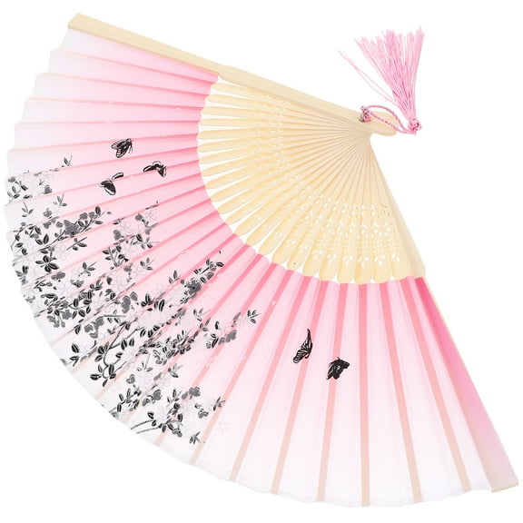 Retro Style Hand Fan with Tassel for Decoration Made of Bamboo and Cloth Pink 9 5 Inches