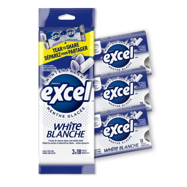 EXCEL Wht, M. glac., gomme sans sucre, blanch. dents, 18 morc., 3 emb .