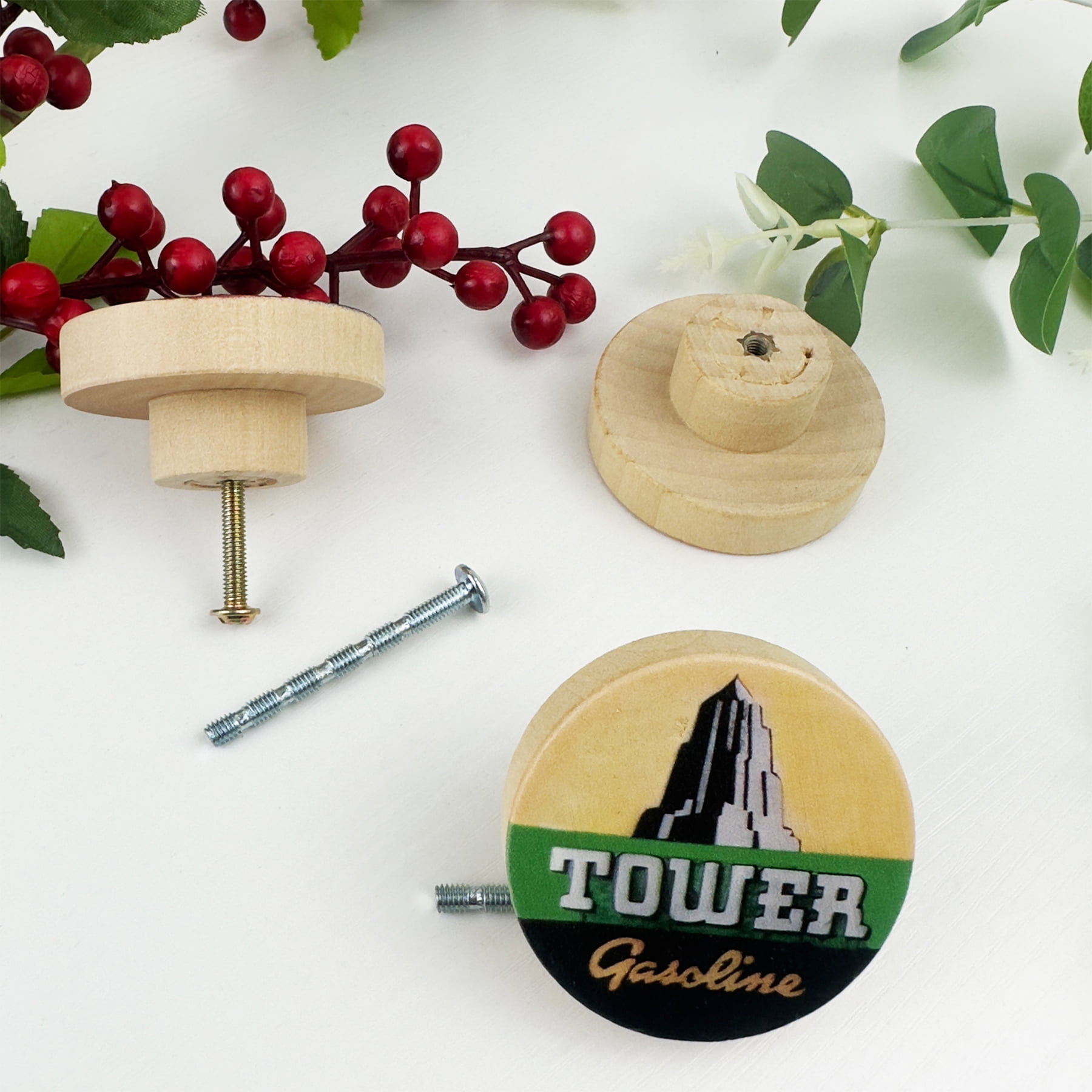 Jamjam 1.8" 8PCS Vintage Unique Gasoline and Automobile Cabinet Wood Knobs Wooden Door Farmhouse Kitchen Cabinet Dresser Drawer Pulls and Knobs