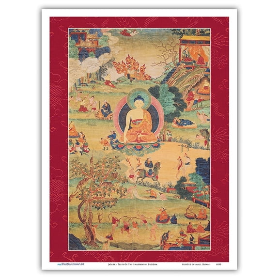 Jataka - Tales Of The Shakyamuni Buddha - Vintage Tibetan Thangka Buddhist Painting - Master Art Print (Unframed) 9in x 12in