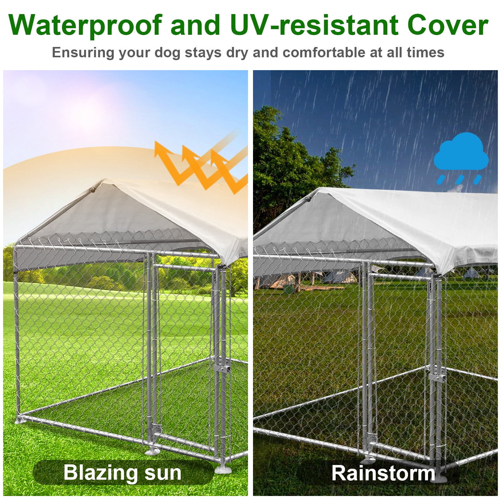Outdoor Dog Kennel with Roof, 78.7" x 78.7", Galvanized Steel Exercise Pen for Small to Medium Dogs, 43 sq ft