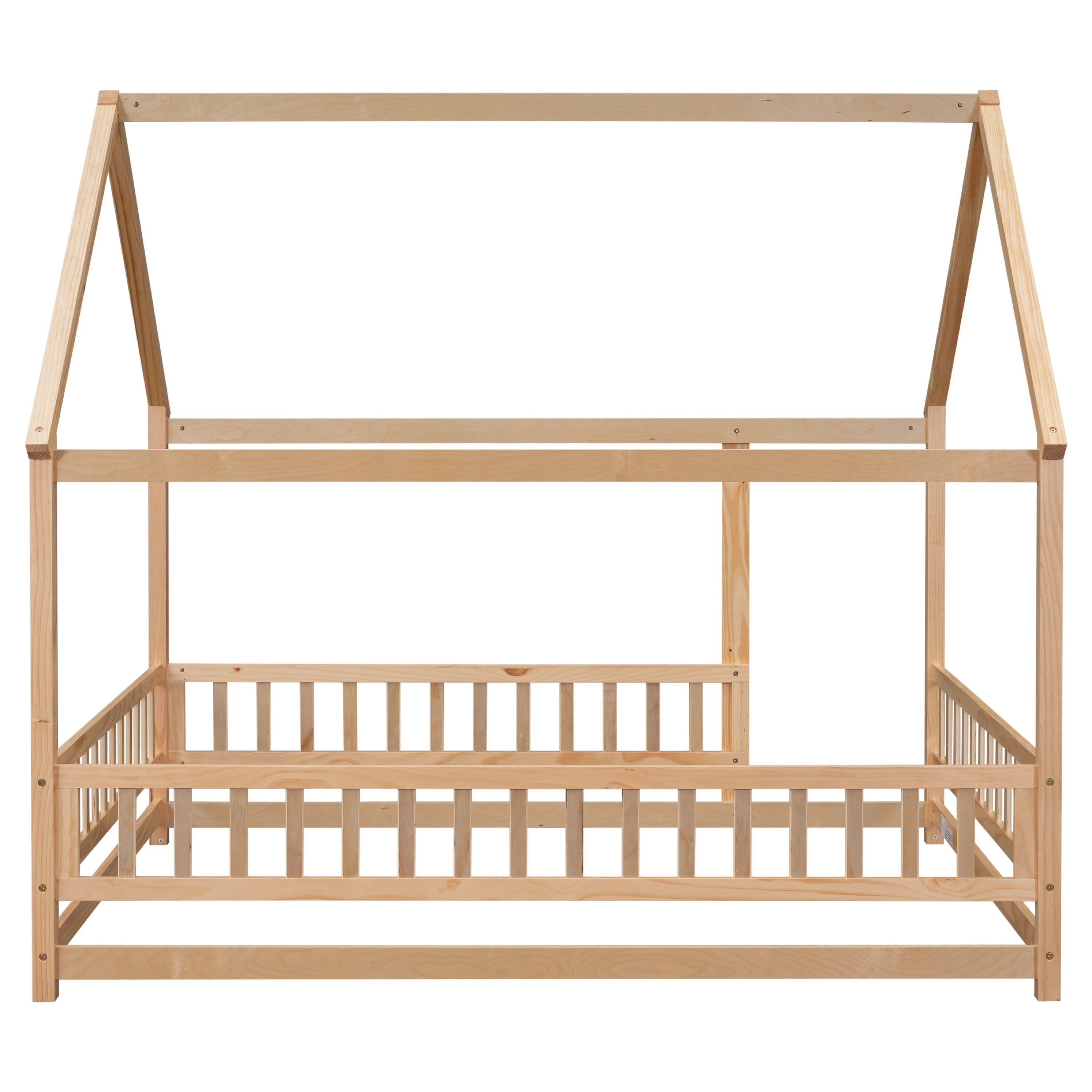 Miniyam Full Size Floor Bed with House Roof & Fence for Toddler, Natural