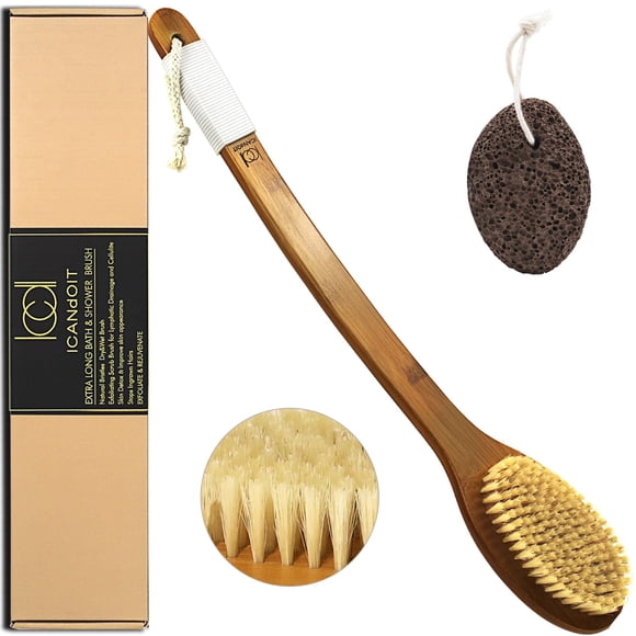 ICANdOIT-Cerdas de jabalí naturales de 19.68 pulgadas, cepillo de baño antideslizante con mango extralargo, mango doblado, cepillo de ducha para exfoliar la espalda, juego de exfoliación con piedra pó