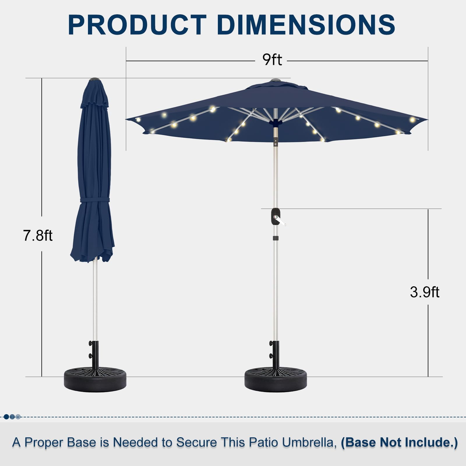 UPHYB 9FT 40 Solar Lighted Patio Umbrella, Fade-Resistant Outdoor Market Table Umbrella with Push Button Tilt Function, 8 Sturdy All-Aluminum Ribs for Gardens, Decks, Backyards & Pools (Navy Blue)