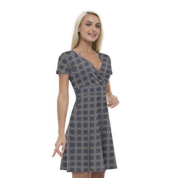 Women’s A Line Ethnic Summer Dress, Retro Triangle Arrangement, Cross Wrap V Neck, 6 Sizes, by Ambesonne