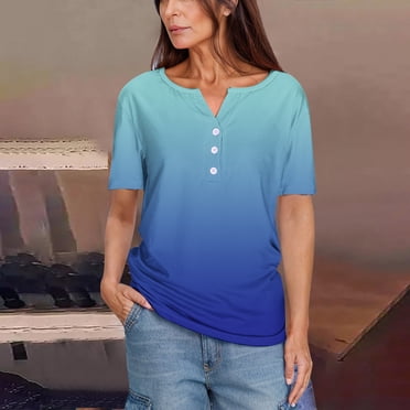 Eiyaclvo Henley Shirts for Women Button Up V Neck T Shirts Trendy Gradient Printed Tee Tops Casual Loose Crew Neck Tee Shirts 2025 Clearance Sales