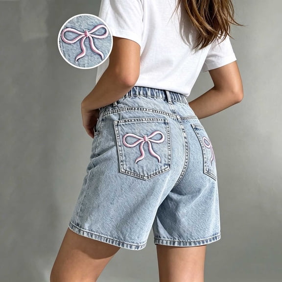 ITSAME Teen Girls Denim Shorts 12-17Y Loose Fit Elastic Waist Bow Embroidery Summer Casual Jean Shorts Light Blue Size 12-13