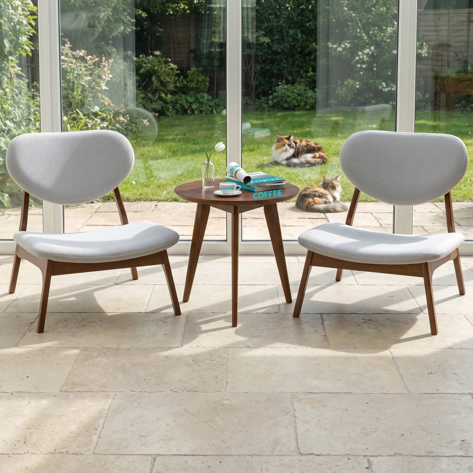 Furnibear Accent Chairs Set of 2 with Side Table, Solid Wood Frame Lamb Velvet Upholstered Armchairs, 105 Degree Backrest Reading Club Chairs for, Walnut and Gray