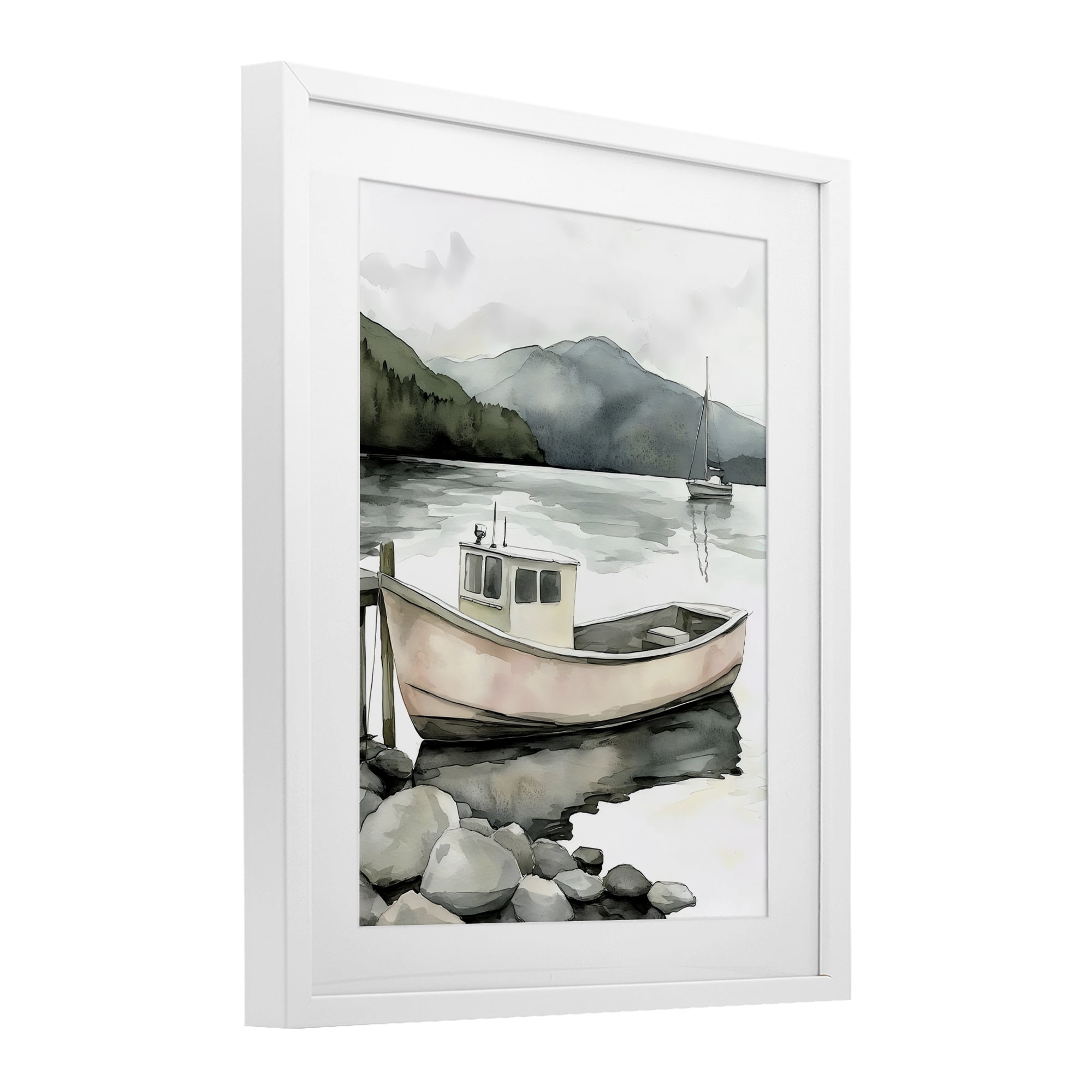 Stupell Industries Coastal Calm Docked Boat White Framed Print Under Glass, design by Riley B