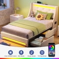thumbnail image 3 of Greenstell Smart Charging Storage Bed Frame - 900lbs Capacity Noise-Free, Twin, Off White, 3 of 7