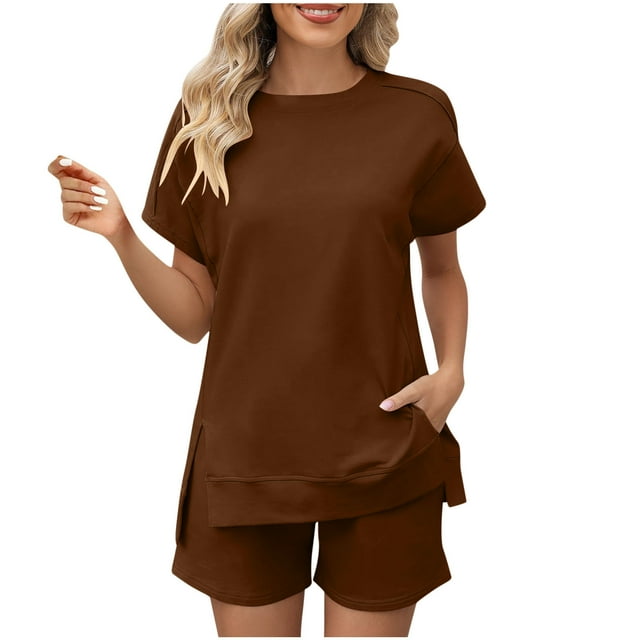 AherBiu Womens Short Sweatsuits Short Sleeve Side Slit Pullover Tops with Sweatshorts 2 Piece Summer Workout Sets