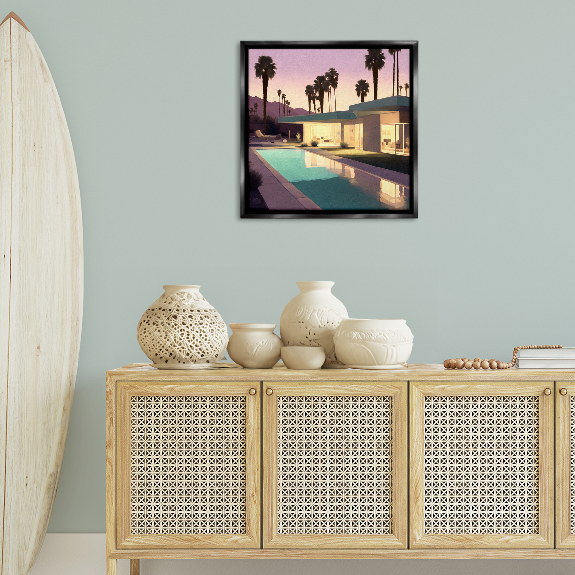 Stupell Industries Palm Trees & Pool Villa Landscape & Nature Painting Black Floater Framed Canvas Art Print Wall Art, 25 x 25