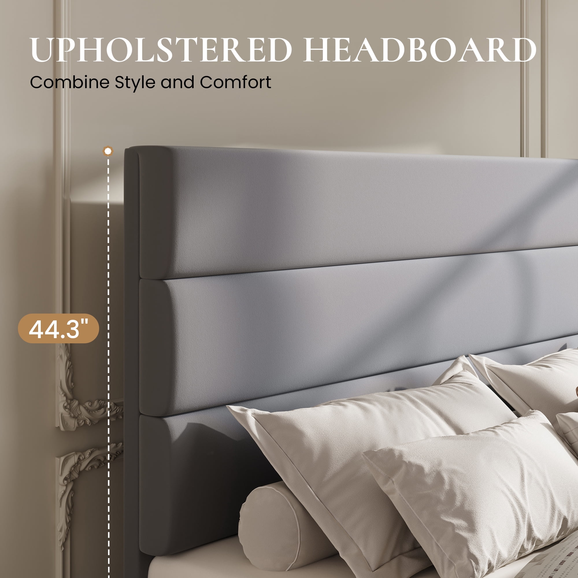 Sha Cerlin Full Size Platform Bed Frame with 4 Storage Drawers, Velvet Upholstered Headboard, Gray