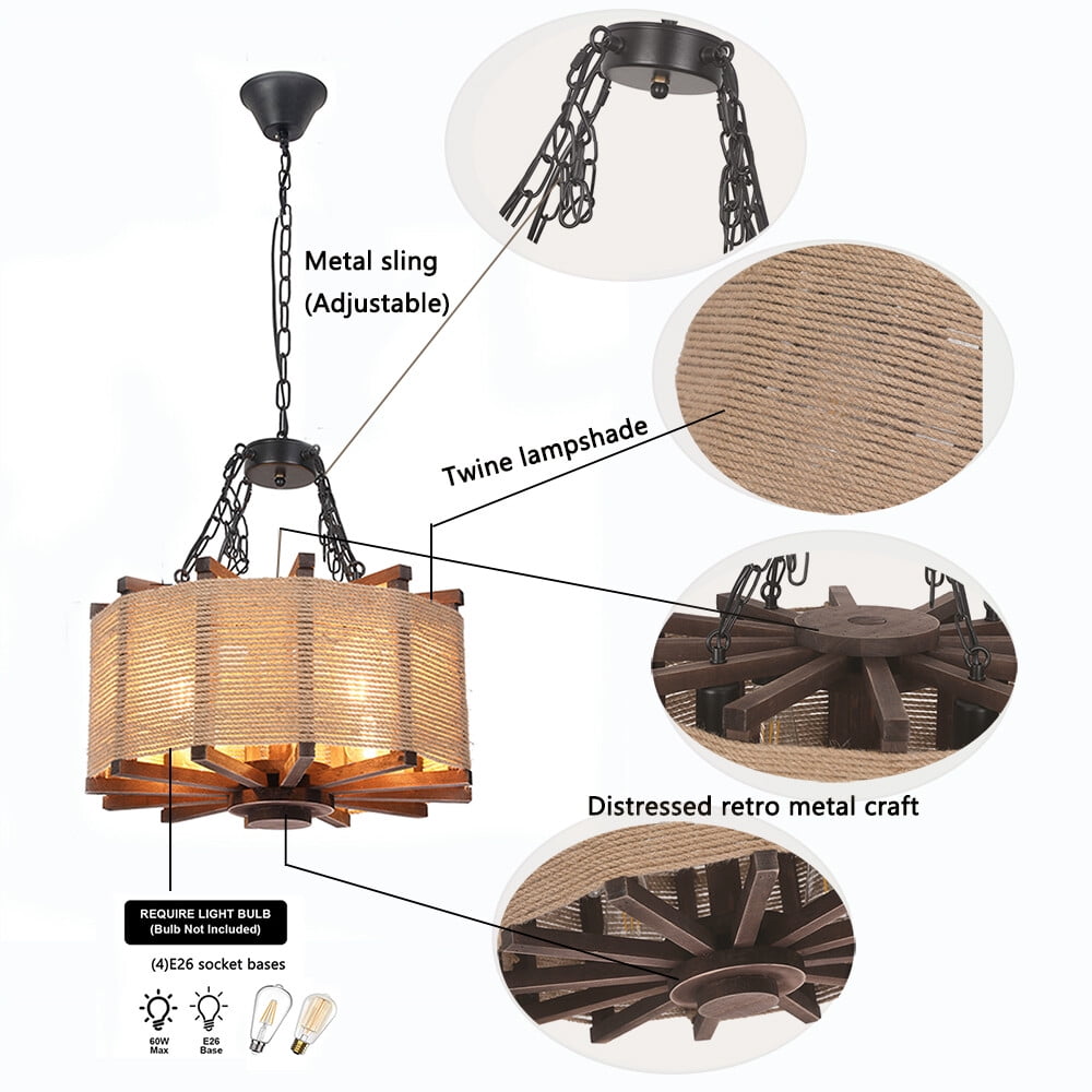 Rustic Chandelier Farmhouse Vintage Pendant Light Ceiling Fixture Lamp 20inch
