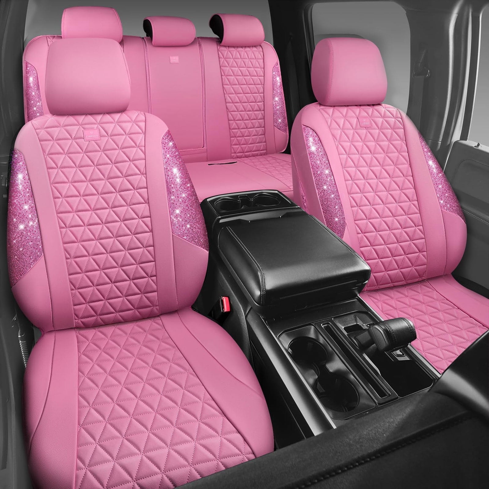CAR GRAND Bling diamond leather automotive seat covers full set water proof shining glitter sparkly crystal rhinestone universal armrest fit girl woman lady pink