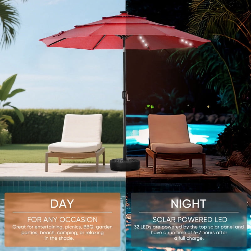 Gianna 10FT 3-Tier Solar Patio Umbrella with 32 LED Lights, Outdoor Umbrellas with Push Button Tilt and Crank,Red