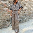 thumbnail image 2 of HSHMT Women's 2025 Fall Two Piece Women's Leopard Print Color Block Short Sleeved Loose Shirt And Elastic Waist Pocket Pants Set, 2 of 8