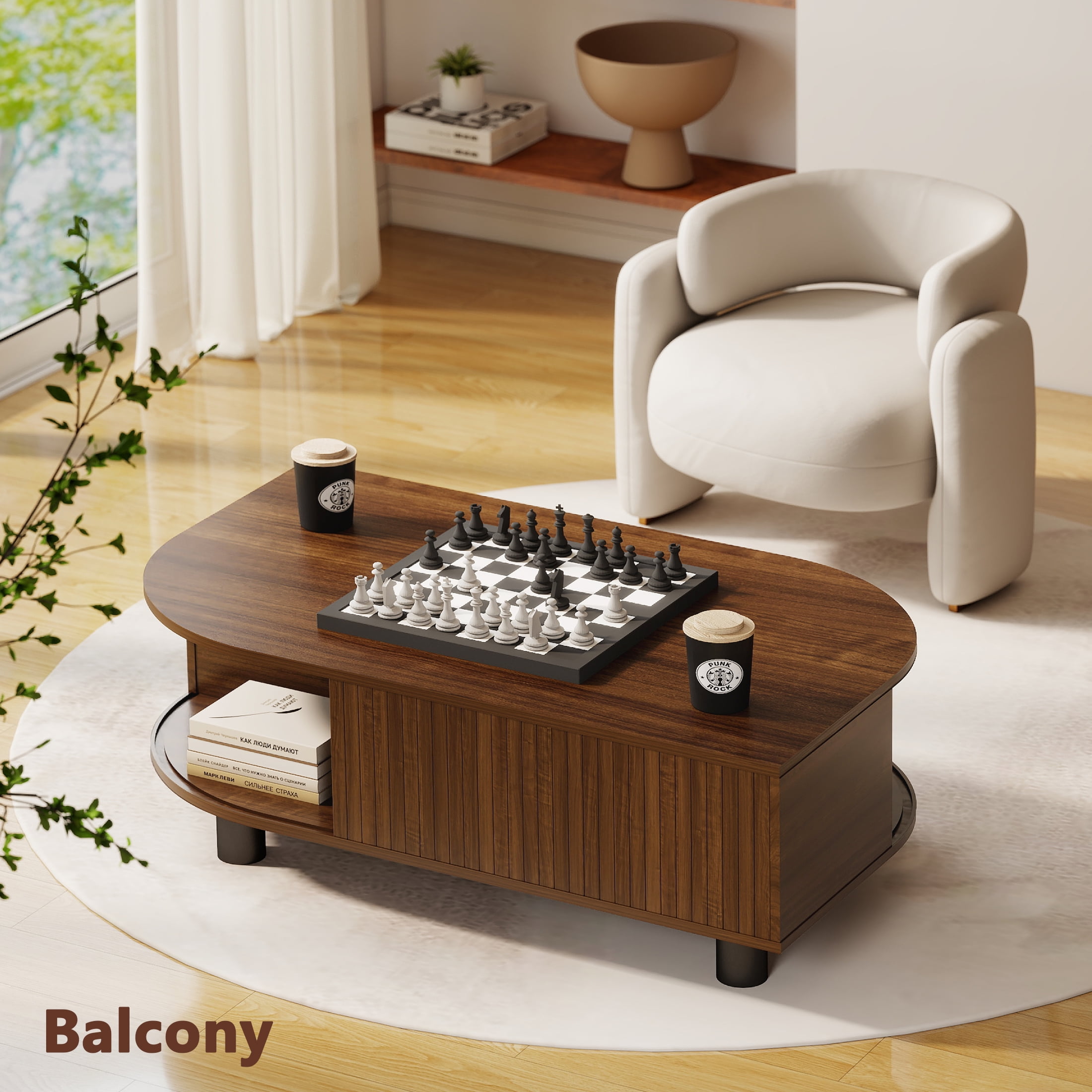 Anrist Wood Coffee Table with Storage & Fluted Sliding Doors for Living room, Unique Leaf-Shaped Design, Walnut