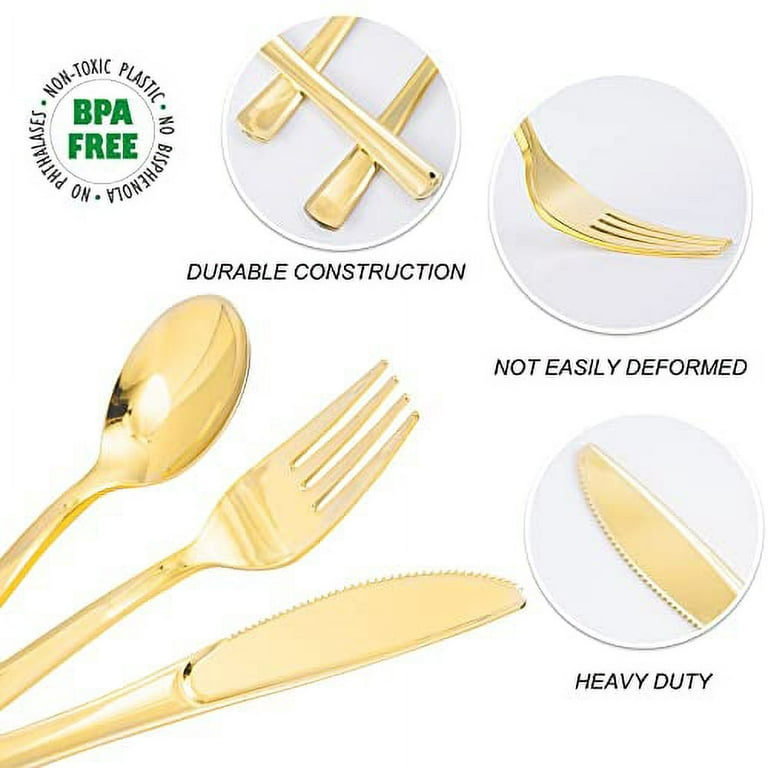 N9R 300pcs Gold Plastic Silverware Dinnerware Flatware- Heavyweight Gold  Plastic Cutlery Set, 100 Gold Forks, 100 Gold Spoons, 100 Gold Knives, Gold  Utensils for Party, Wedding,Birthday Gold-300Pack