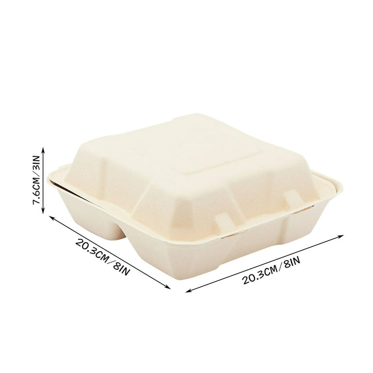 100% Compostable Clamshell Take Out Food Containers [8X8 3-Compartment  50-Pack] Heavy-Duty Quality to go Containers, Natural Disposable Bagasse