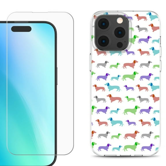 For iPhone 16 Pro Phone Case Cover, Shockproof Case with Tempered Glass Screen Protector, by OneToughShield - Colorful Dachshund/Puppy