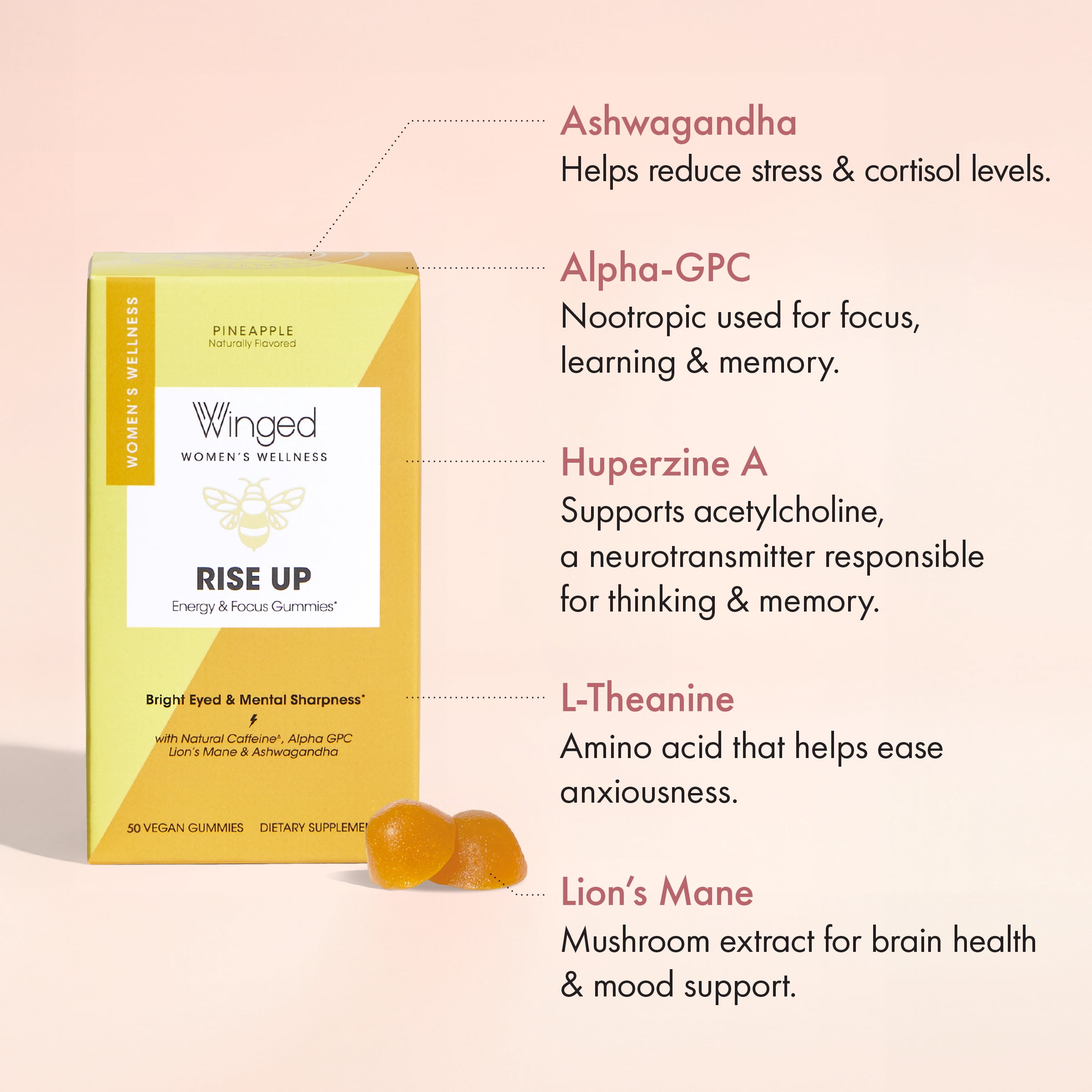 Winged Wellness Rise up Energy & Focus Gummies, Women's Supplement, 50 Gummies