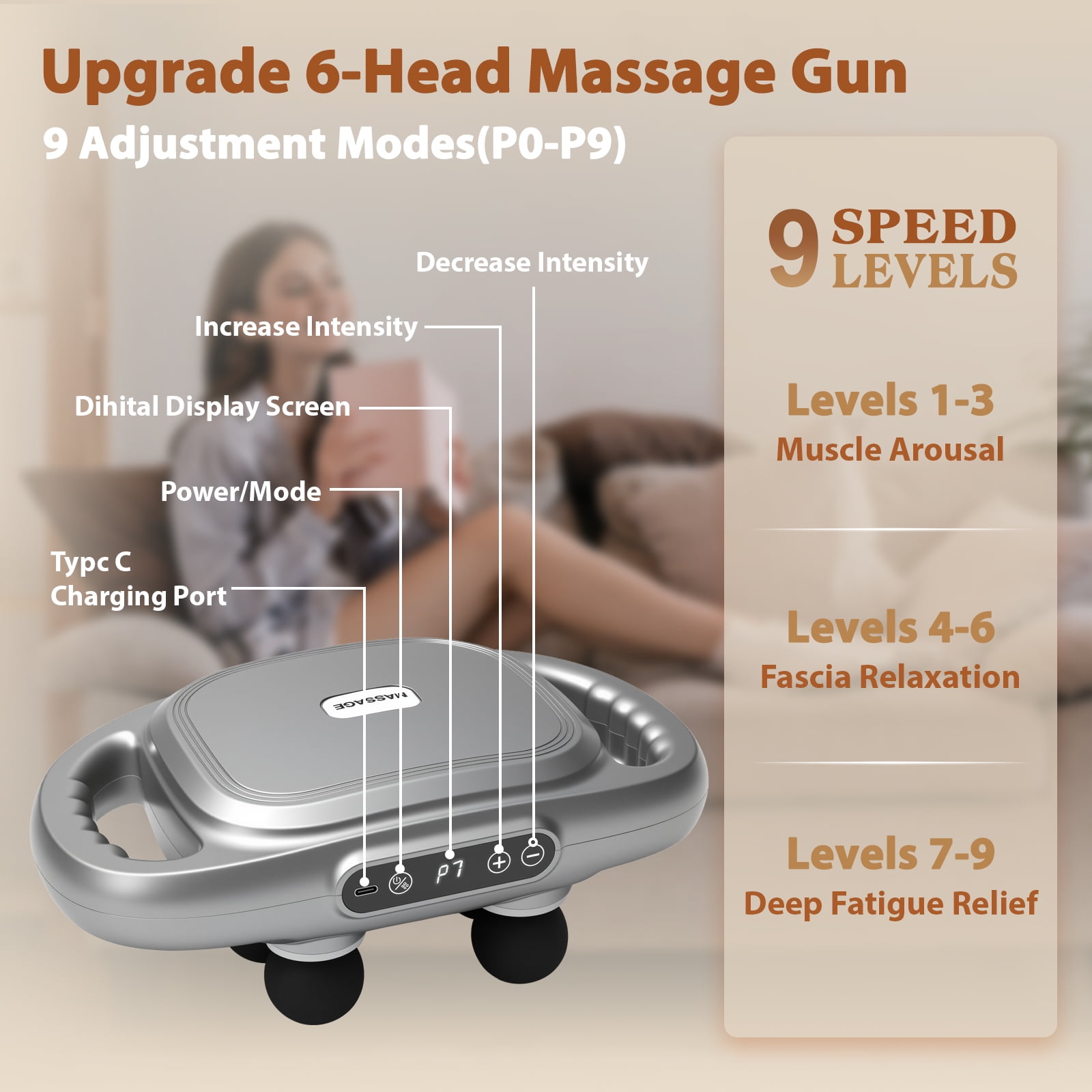 6 Head Massage Gun, 9 speeds & 3 Sets Massage Heads for deep muscle relief on your back, legs, arms, A perfect gift for family & friends.