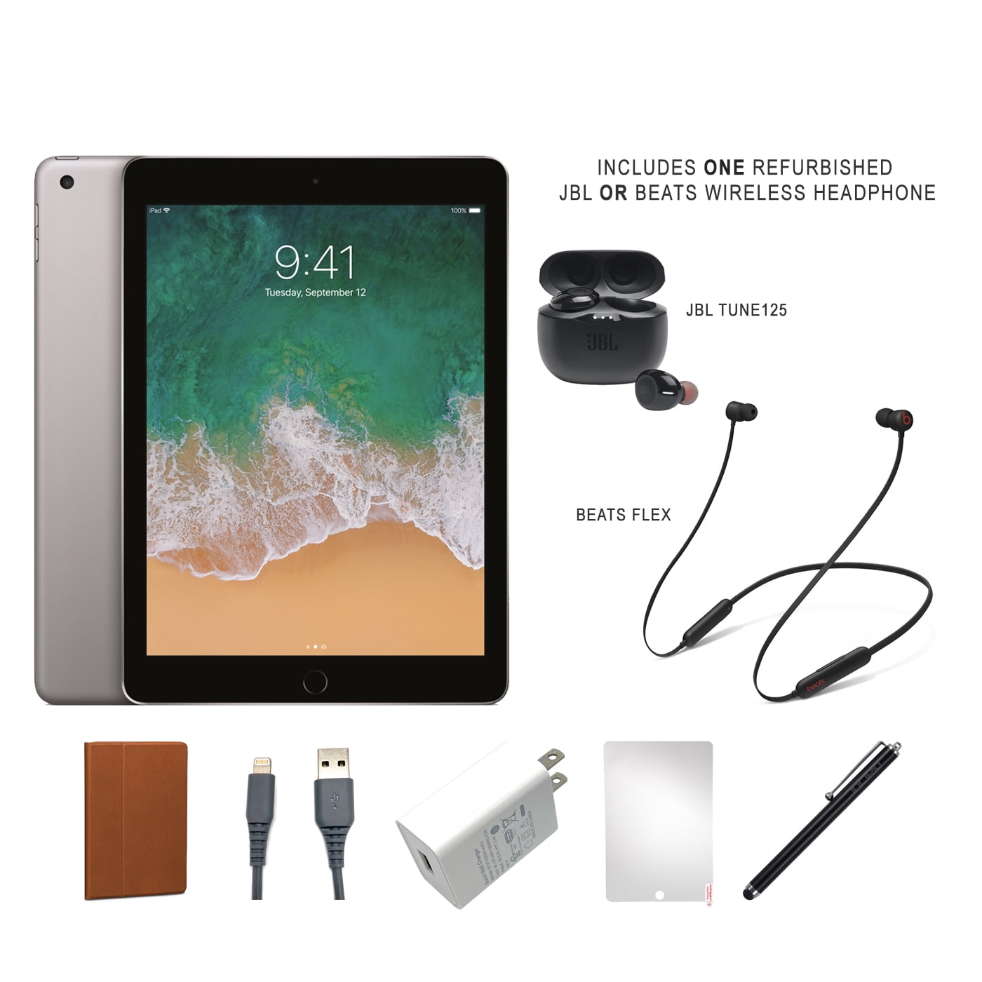 Restored Apple iPad 5 (2017) Bundle, 32GB, Space Gray, Wi-Fi Only, Beats or  JBL, Case, Tempered Glass, Stylus Pen, Charging Accessories.