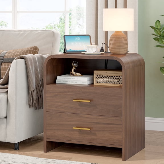 Night Stand With 2 Drawers, Mid Century Modern Bedside Table With Charging Station, 23.6'' Wide Wood End Table For Bedroom, Curved Profile Design, Walnut