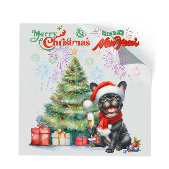 Merry Christmas and Happy New Year Santa French Bulldog Holiday Xmas Winter 2025 Cutout Transfer Sticker Dog Lover Gifts Transparent Decal Art Decor - 00024