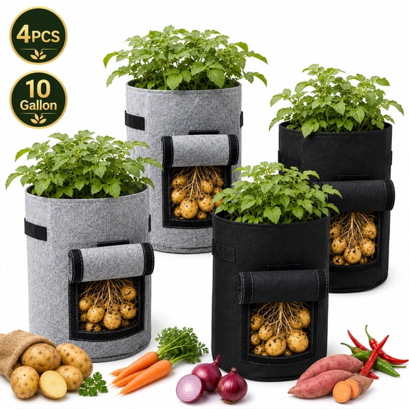 WLGJL Potato Grow Bags with Flap 10 Gallon, 4 Pack Planter Pot with Handles and Harvest Window for Potato Tomato and Vegetables, Black and Gray