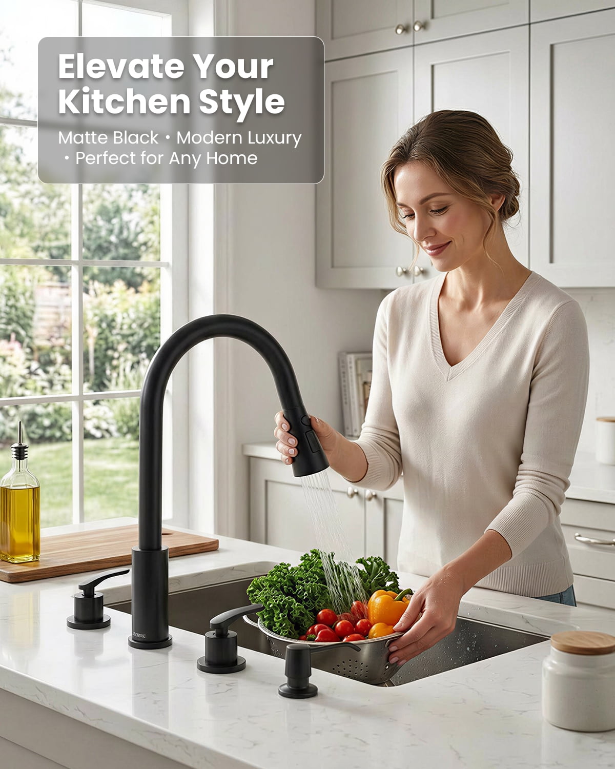 DAYONE Matte Black 3 Hole Kitchen Faucet with Separate Handle and Pull Down Sprayer, 2 Handle Sink Faucets for Kitchen RV Laundry Bar