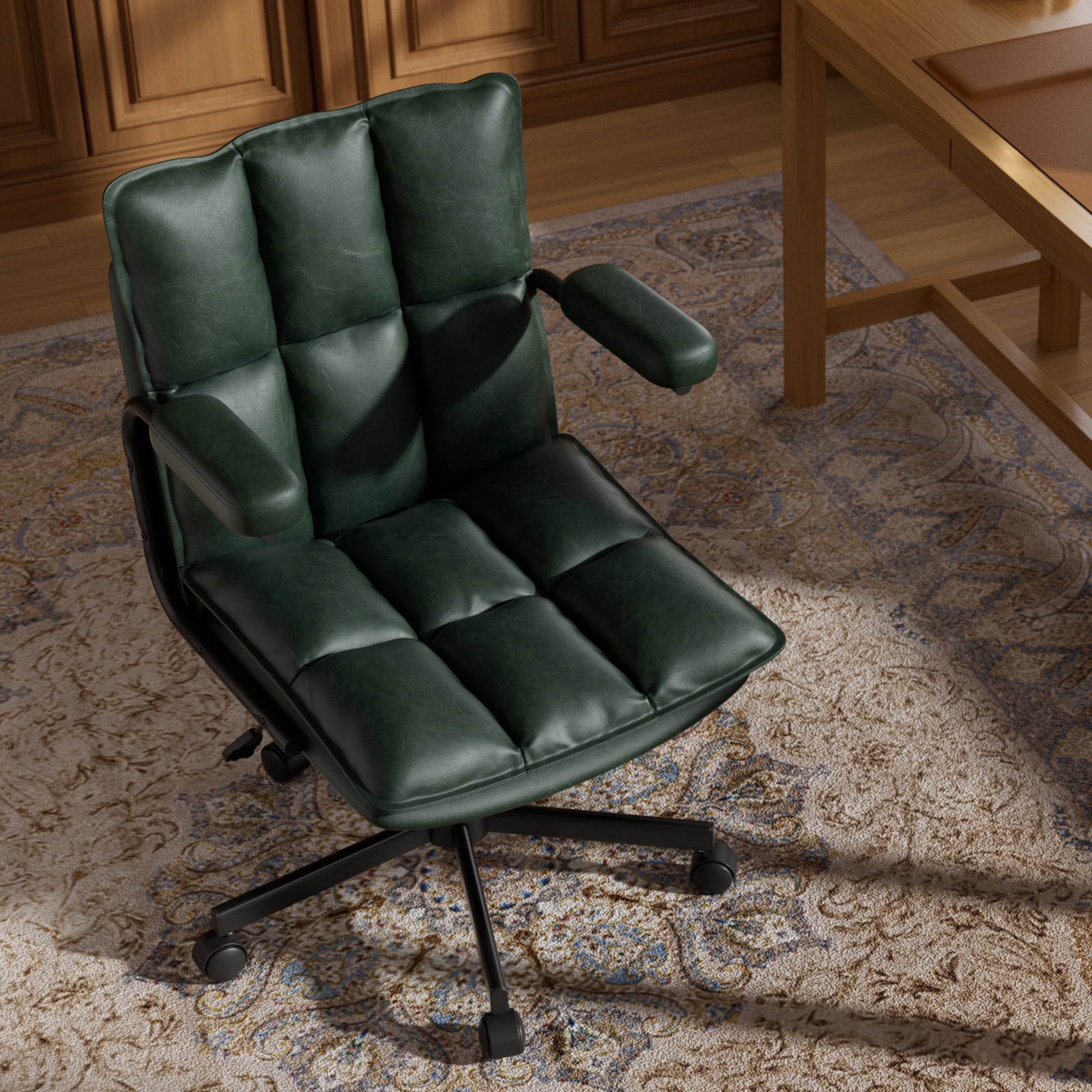 Genpo Green Office Chair, Mid Century Modern Desk Chairs with Arms, Thickend Back and Seat, Adjustable Height, Wheels, Vintage Leather Computer Chair for Home, Office