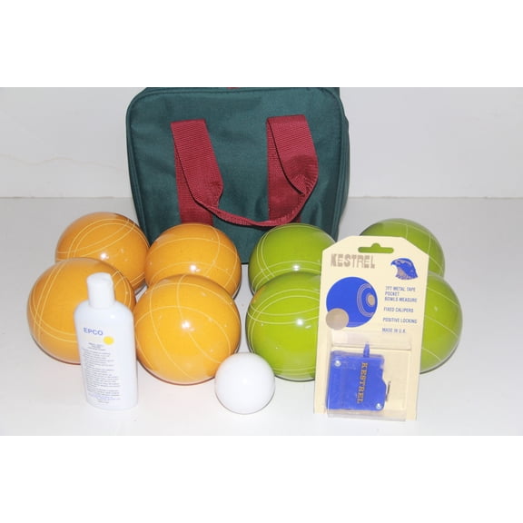 Italian/American Made, 110mm EPCO Bocce Set - Rustic Green/Yellow Balls, Ball Polish, Kestrel Measuring Device and Green/Maroon Bag