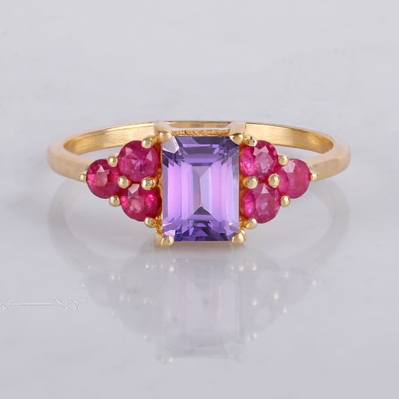 Trio Ruby and Lavender Amethyst Band Ring, Yellow and Rose Plated Band Ring, February Amethyst Birthstone Month Proposal Promiss Ring, Party Wear Hendmade Band Ring, .
