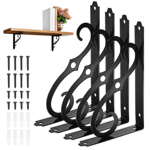 4-Pack Shelf Brackets, 8 Inch Long Iron Wall Mount Shelf Support Bracket for Home/Kitchen/DIY Decorative [Black]