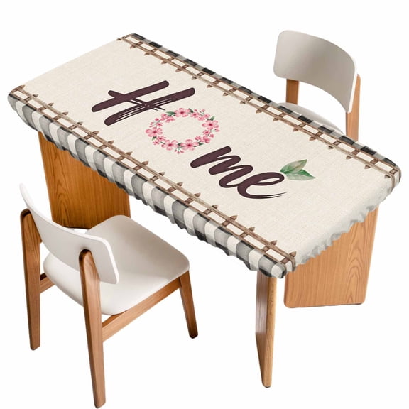 Spring Flowers Table Cloths for 5 Foot Rectangle Tables, Vintage Watercolor Black Plaid on Linen Patio Waterproof Elastic Fitted Tablecloths, Washable Rectangular Table Cover for Camping