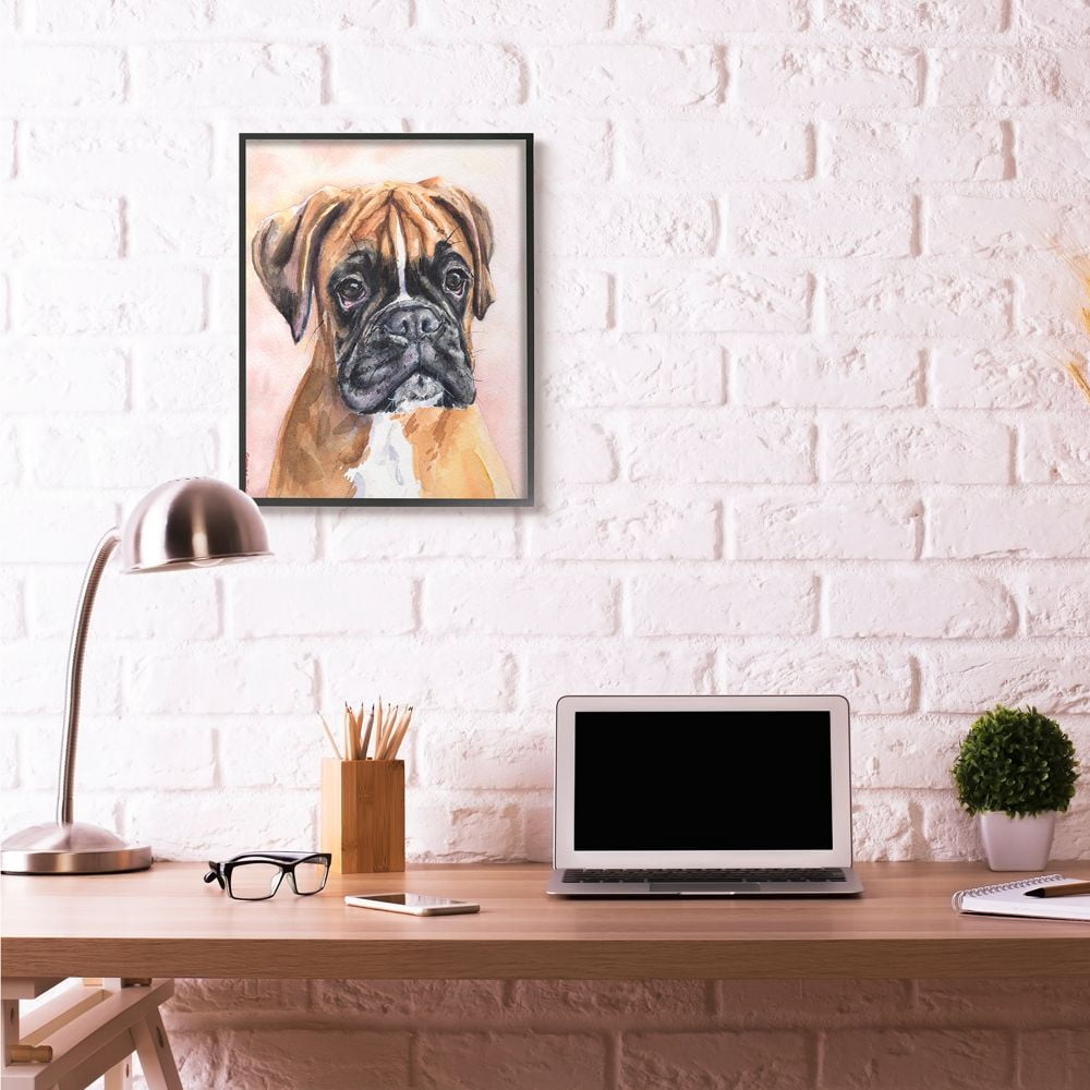 Stupell Industries Cute Boxer Dog Pet Animal Watercolor Painting Framed Giclee Texturized Art by George Dyachenko