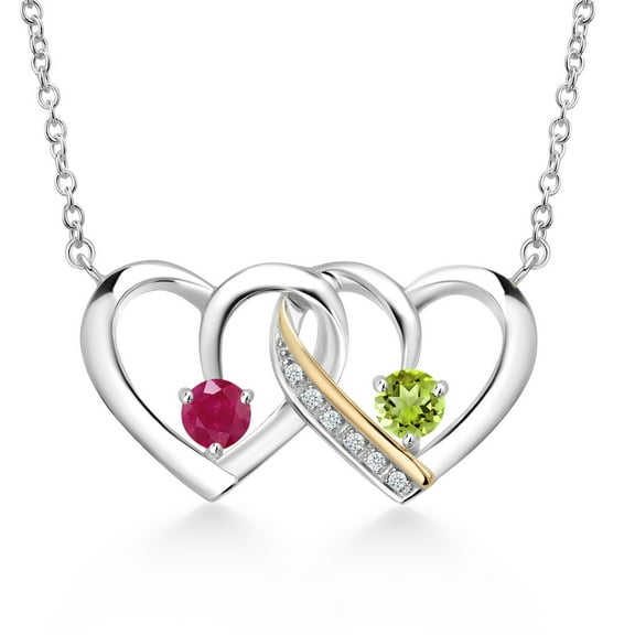 Gem Stone King 925 Silver and 10K Yellow Gold Red Ruby and Green Peridot and Lab Grown Diamond Necklace Necklace for Women | 0.68 Cttw | Gemstone July Birthstone | Round 4MM | With 18 inch Chain