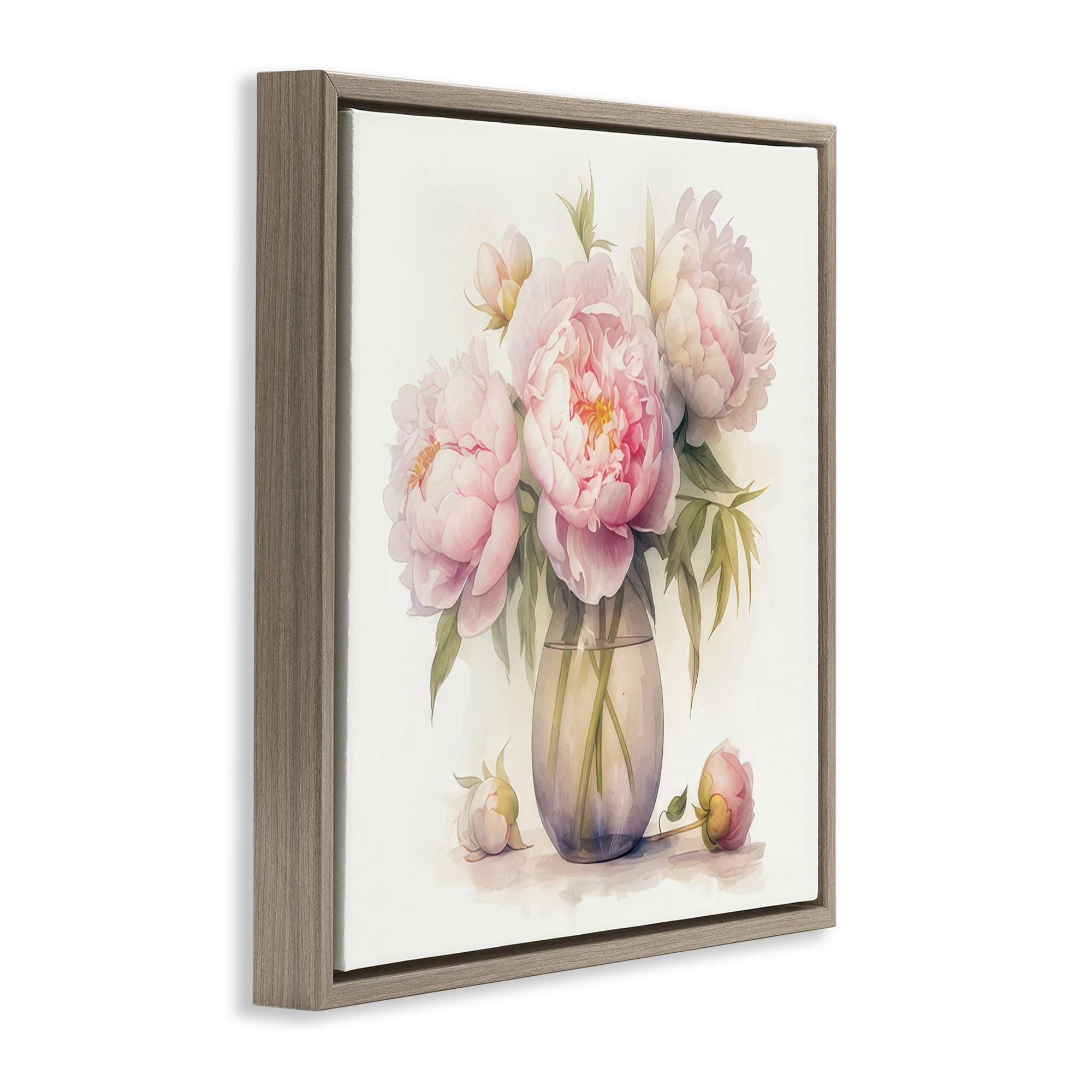 Stupell Industries Charming Pink Peonies Plants & Flowers Painting Brown Floater Framed Canvas Art Print Wall Art, 18 x 18